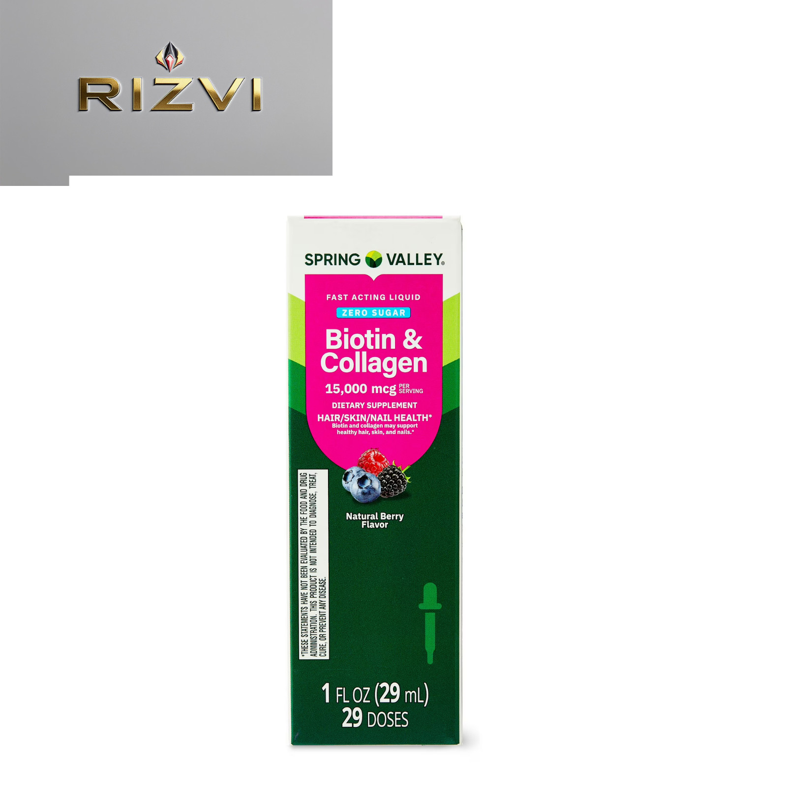 Spring Valley Zero Sugar Biotin Hair/Skin/Nails, Natural Berry Flavor, 15000 mcg