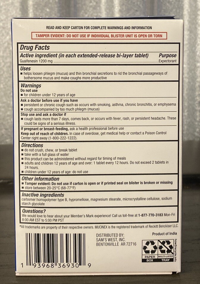 (2) Guaifenesin Expectorant Maximum Strength 56 Tab Each 1200mg Compare Mucinex