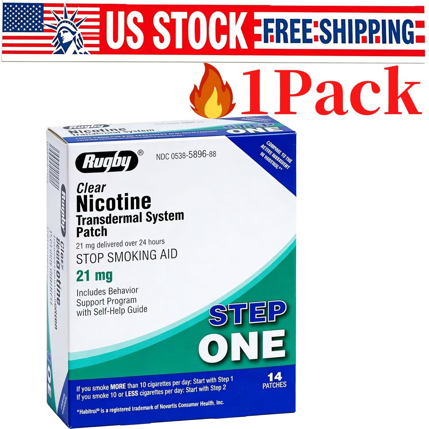 1 Pack (14 Patches) Rugby Nicotine Patches Step 1 21mg 14 Total Patches