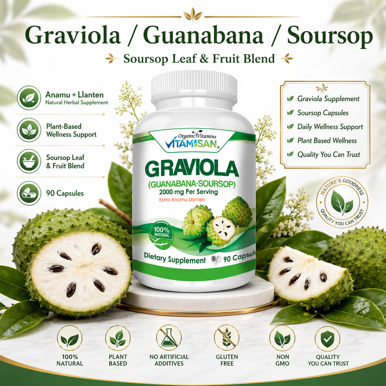 GRAVIOLA SOURSOP 2000 MG 3 BOTTLES PURE PER SERVING BOOSTER 270 CAPSULES ANNONA