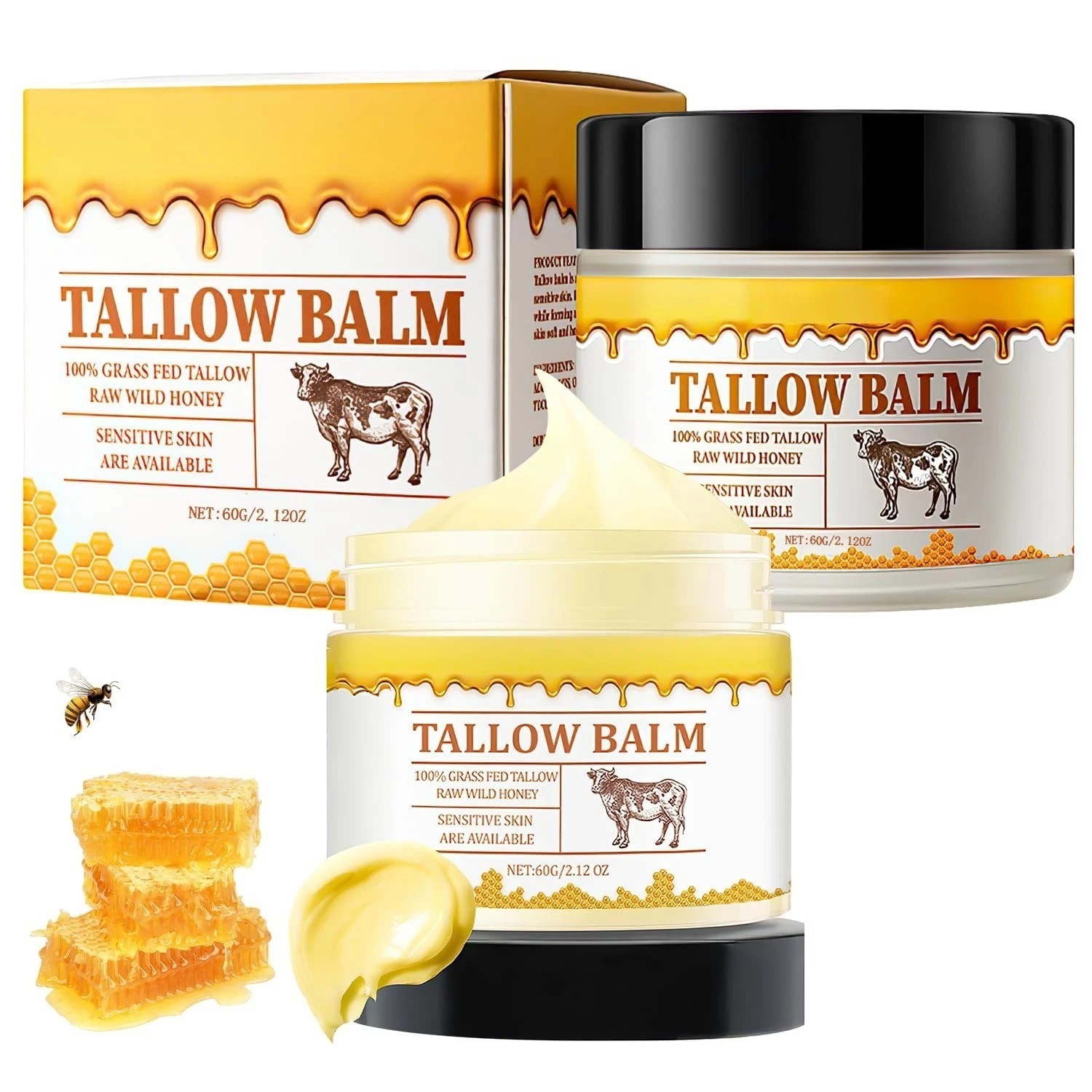 2 Pack Tallow and Honey Balm, Premium Beef Tallow and Wild Honey,Balm for Skin