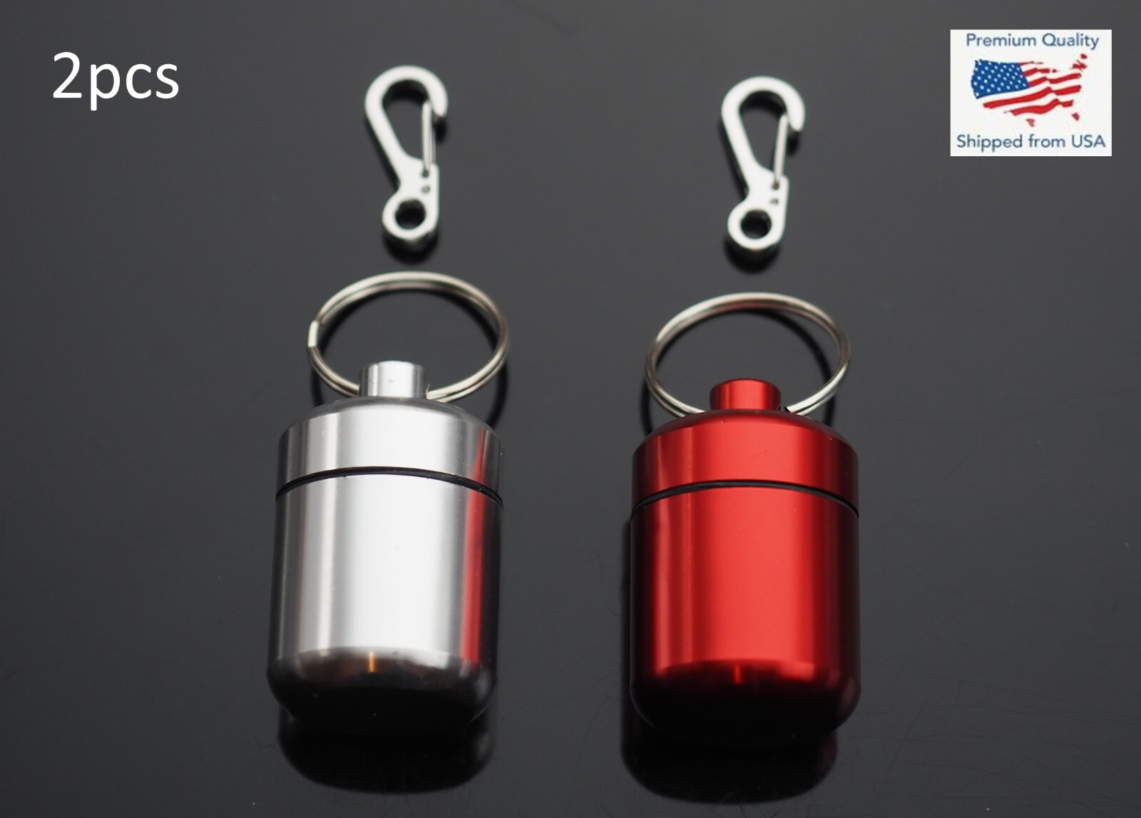 2 PCS Waterproof 1″ Wide Pill Capsule Bottle Keychain & Clip – Silver & Red