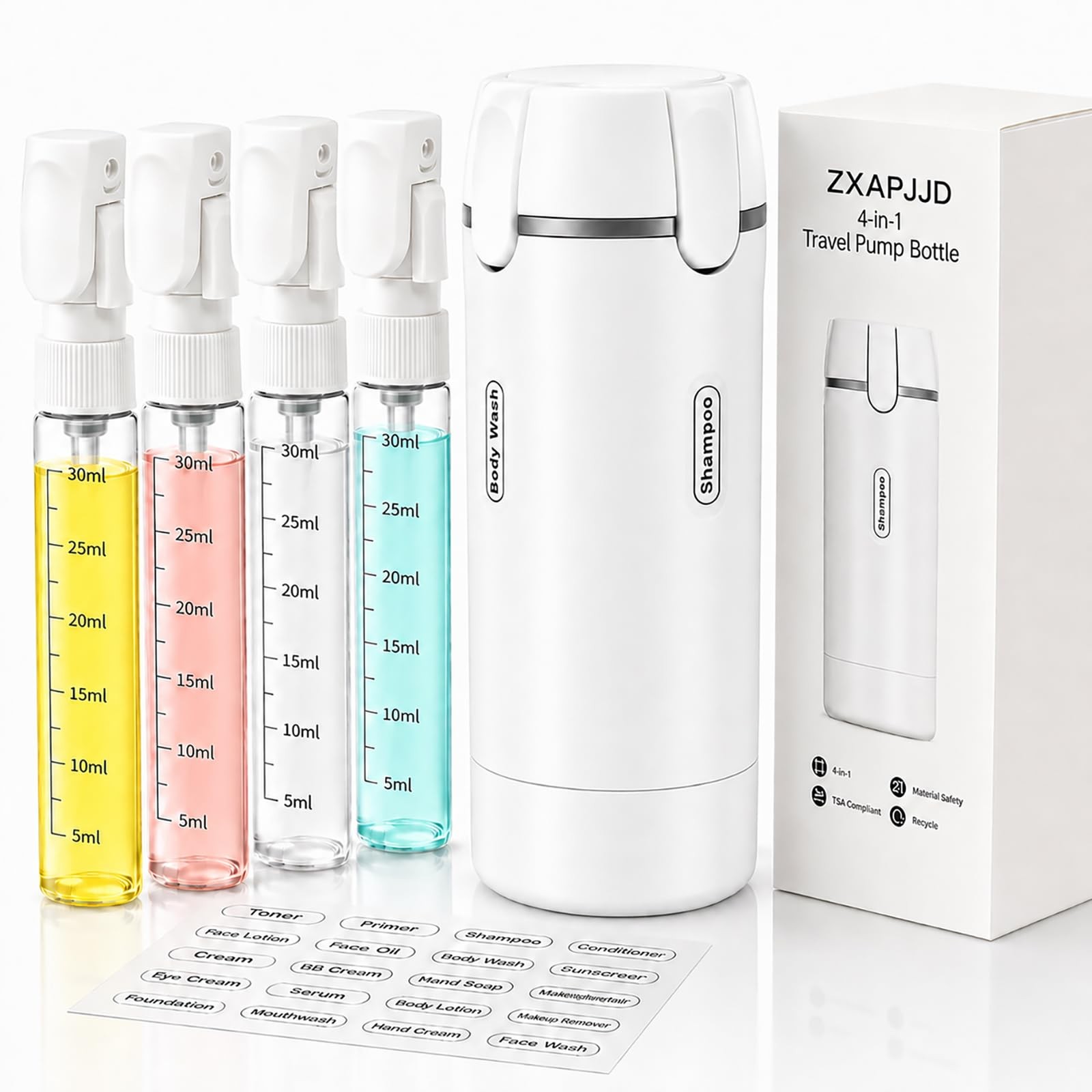 ZXAPJJD 4 in 1 Travel Dispenser Bottle, Leakproof 30 milliliters, white