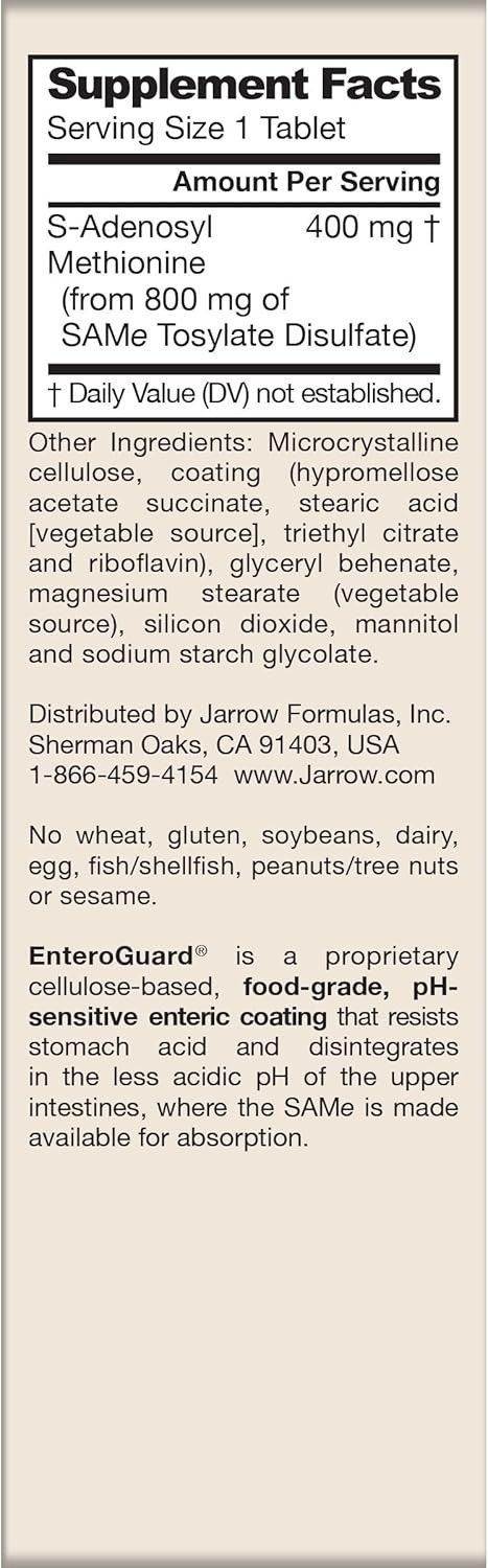 Jarrow Formulas SAMe 400, 400 mg, Extra Strength 30 Tablets Vegan EXP. 10/28