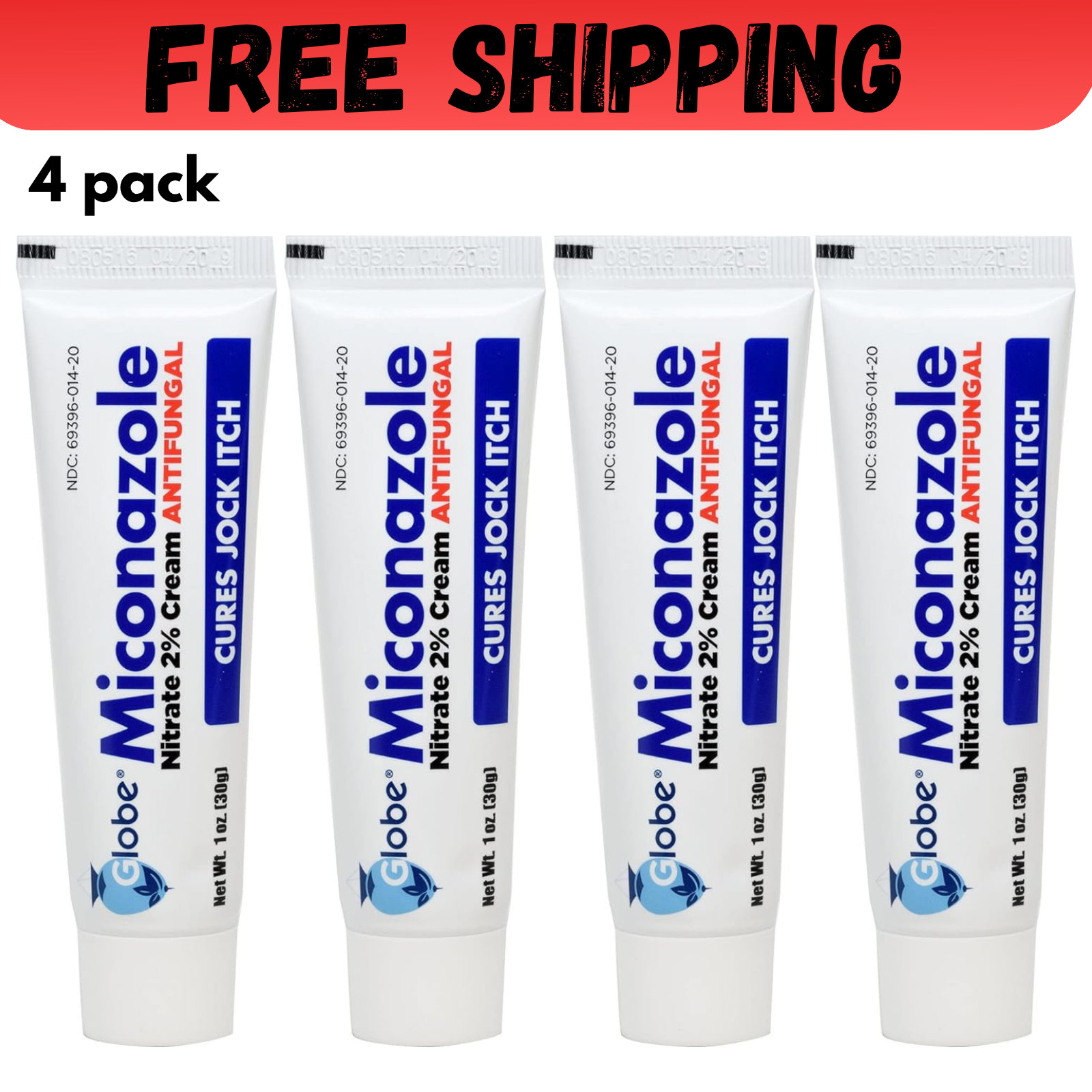 Globe (4 Pack) Miconazole Nitrate 2% Antifungal Cream, Cures Most Athletes Foot.