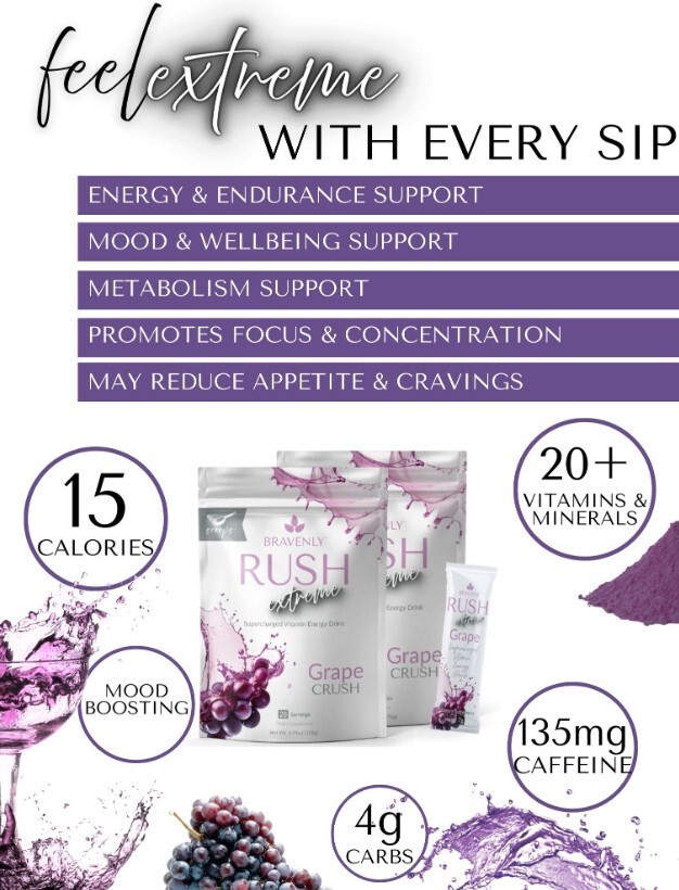 Bravenly RUSH Extreme, GRAPE CRUSH, Supercharged Vitamin Energy, 28 serving NEW