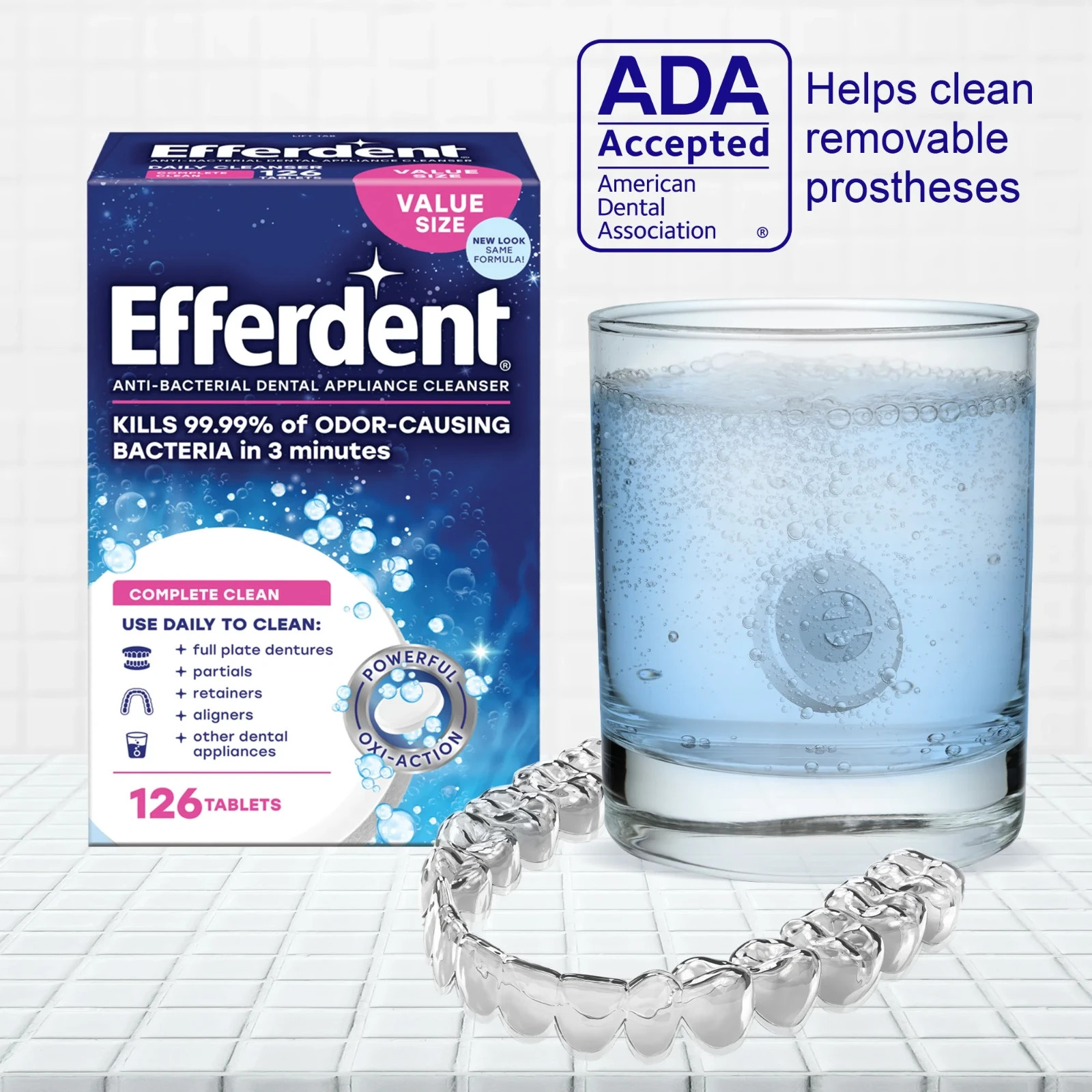 Efferdent Retainer & Denture Cleaner Tablets, Complete Clean, 126 Count