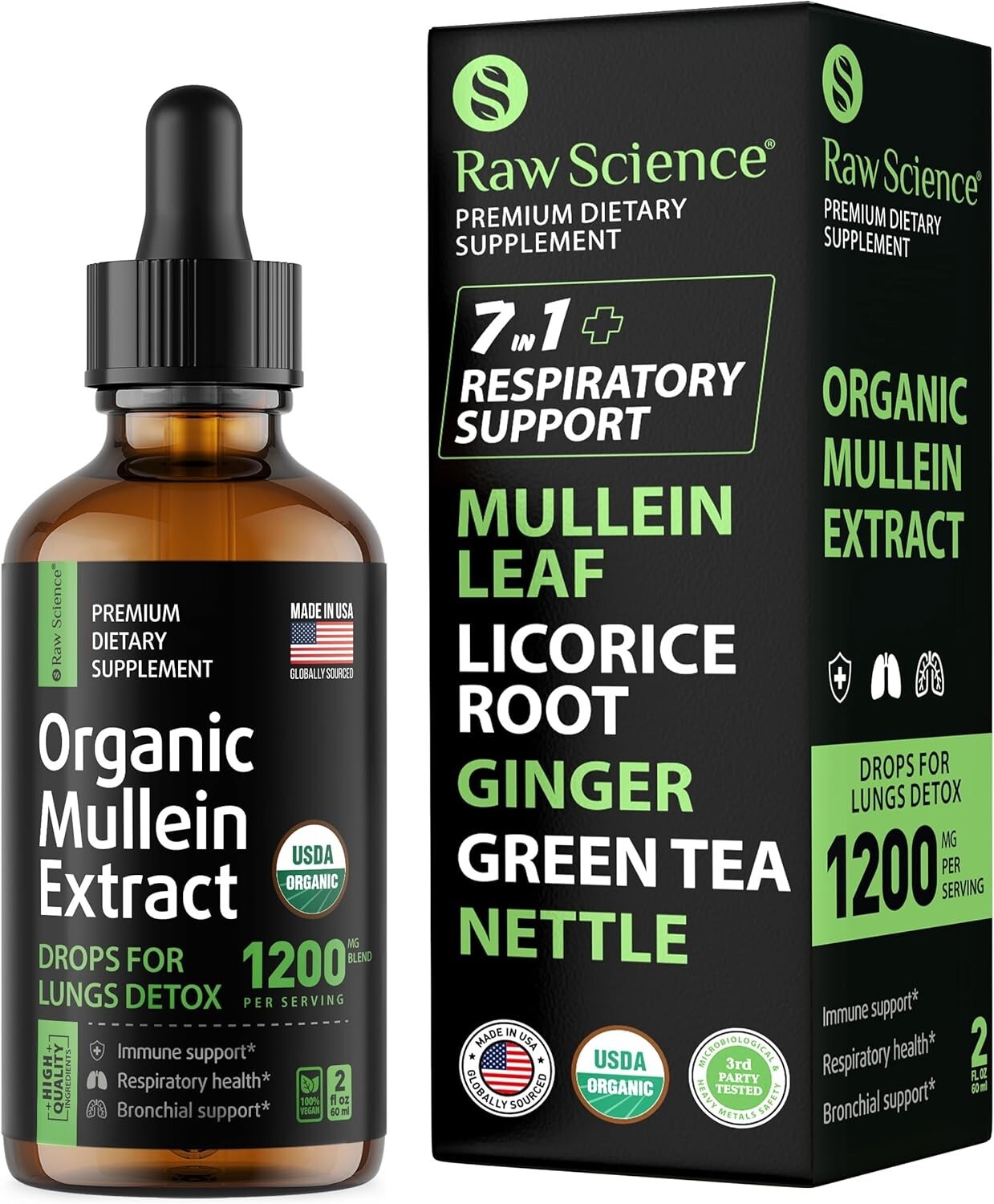 Organic Mullein Drops for Lungs Respiratory Support – Relief for Smokers (2 Oz)