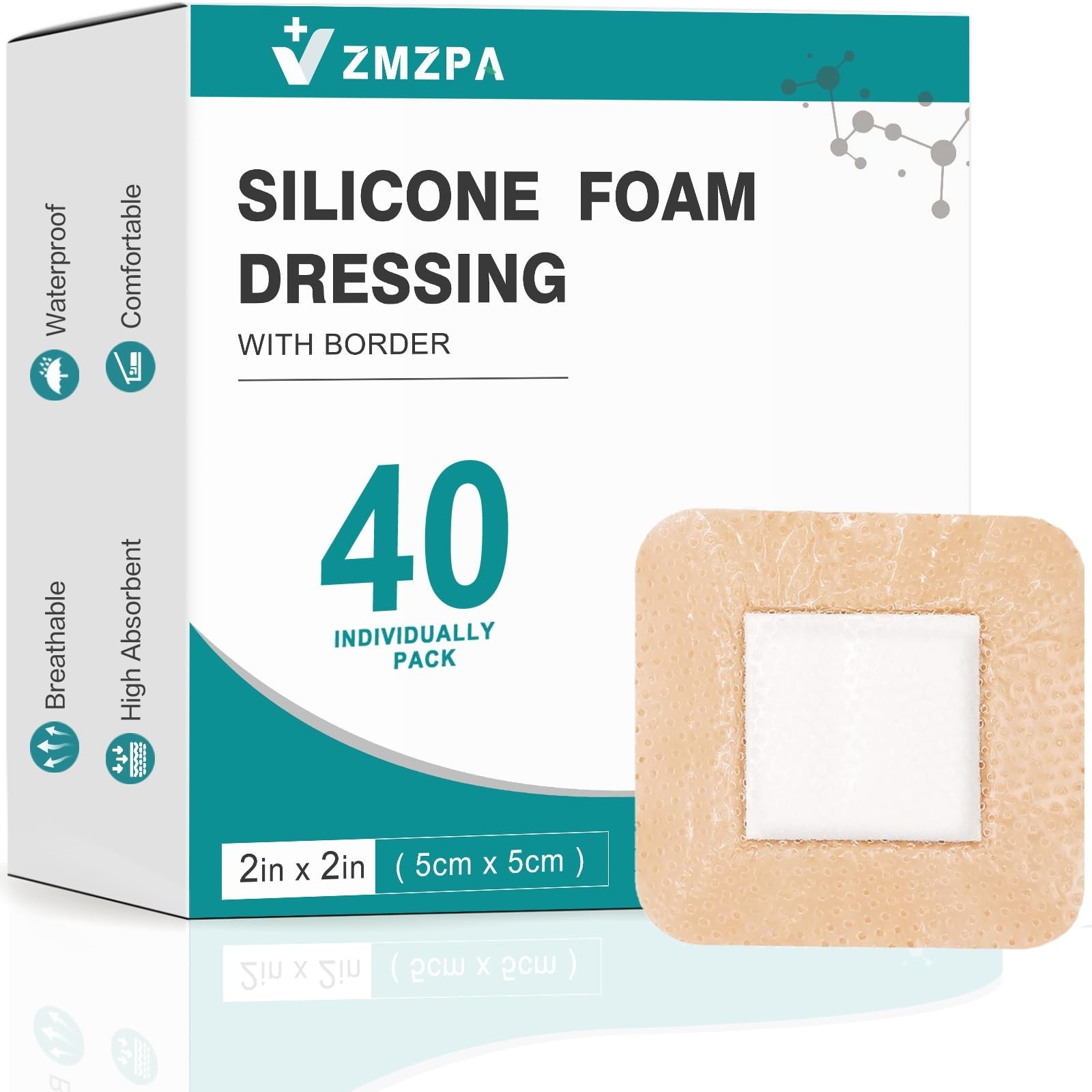 40 Pcs Waterproof Silicone Foam Dressings 2×2, Self-Adhesive Wound Care Pads