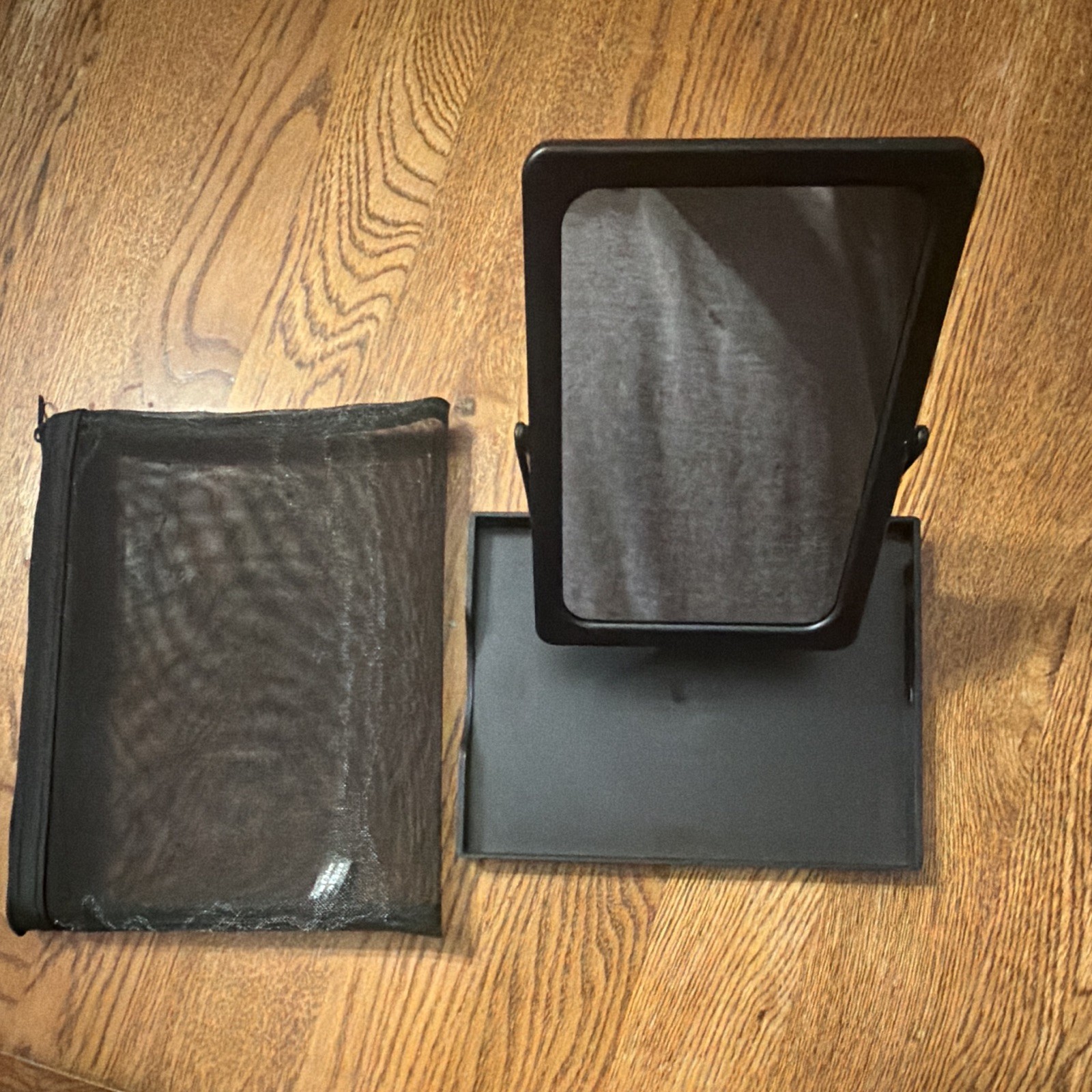 Mary Kay Folding Portable Makeup Mirror, Black Matte Plastic, Pouch, Rectangle