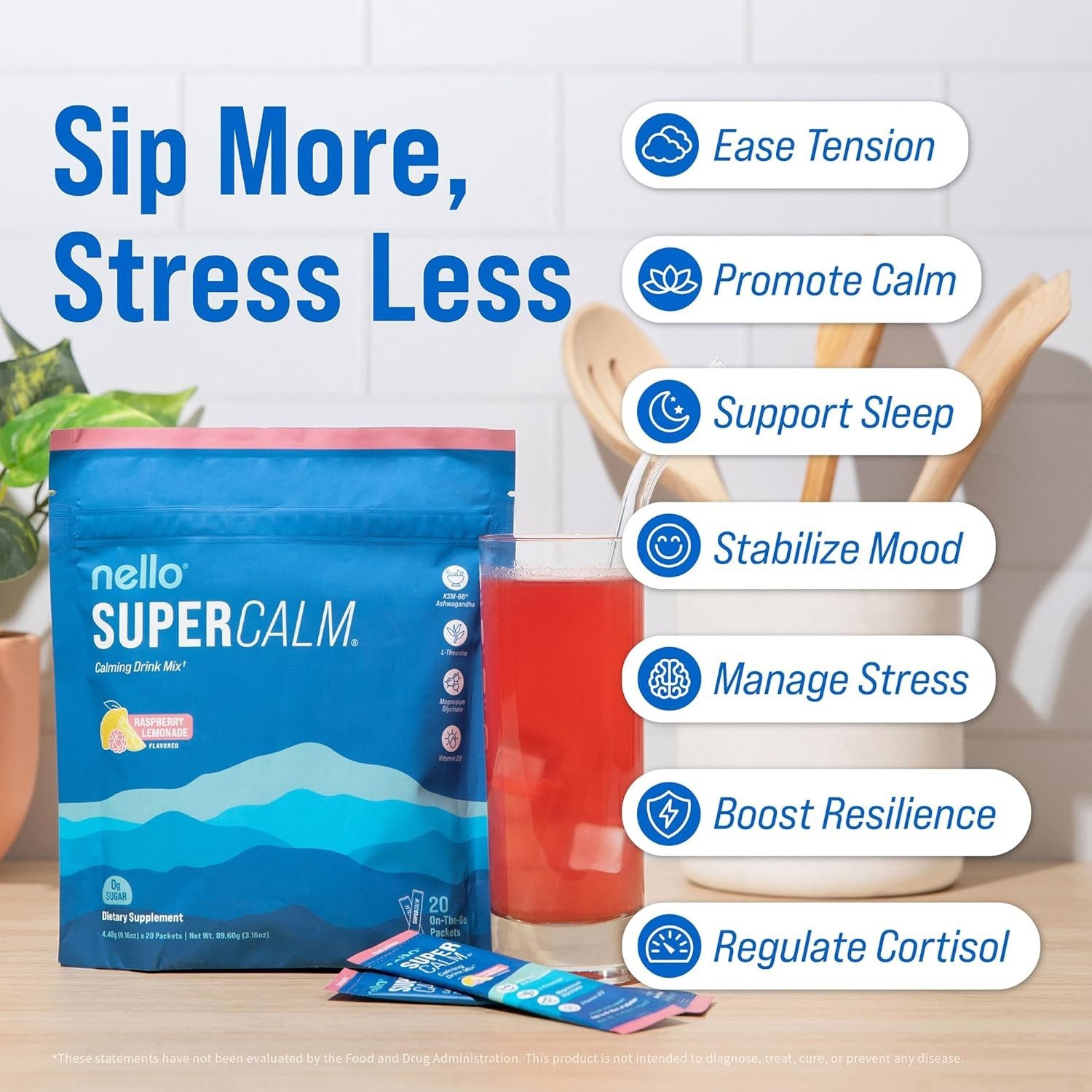 Nello Lemon Supercalm Powdered Drink Mix Cortisol Reducer Sleep Aid Supplement