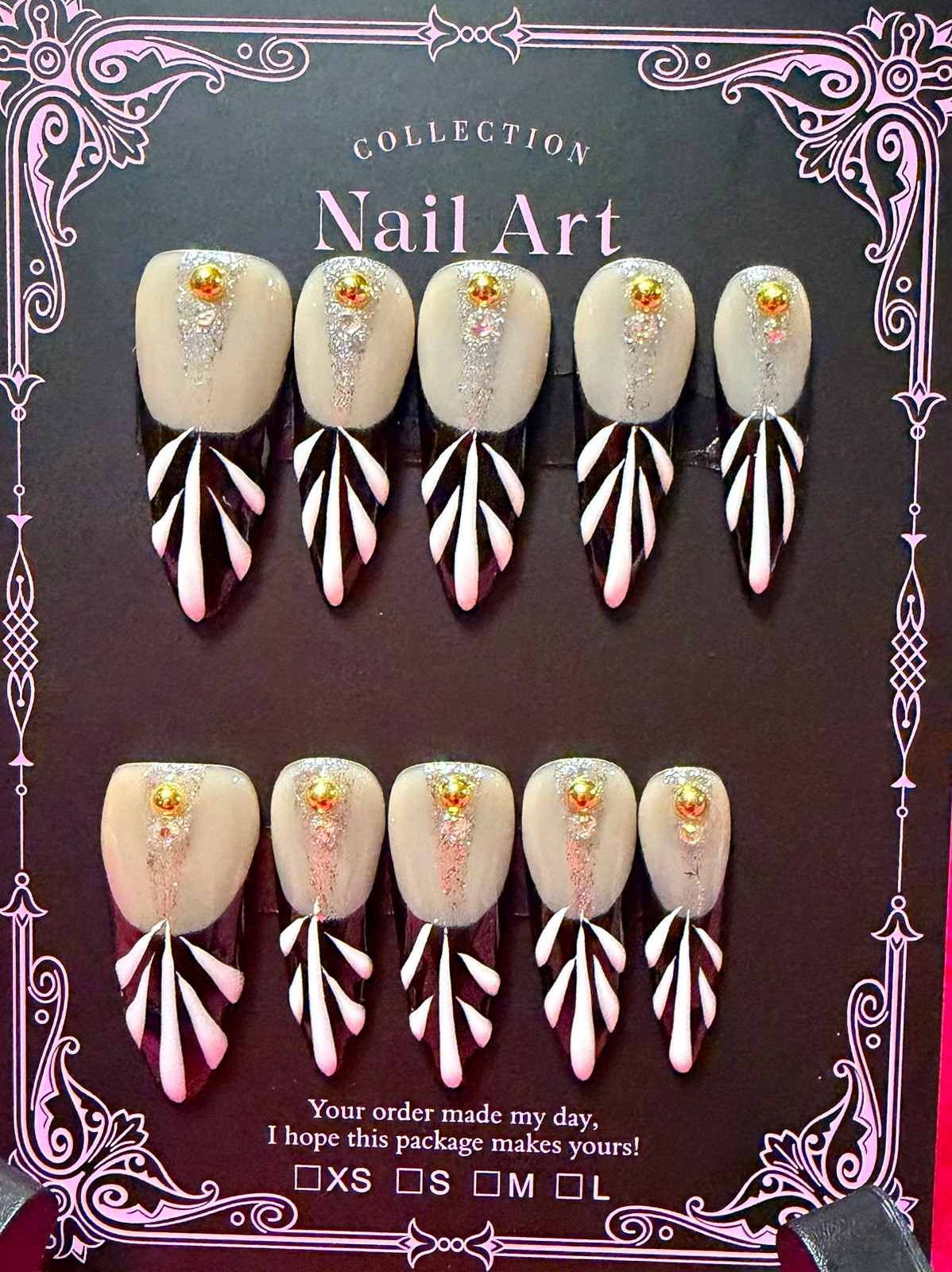 Full Cover Press-On Artificial Nail Tips Set Black White Pink Glitter
