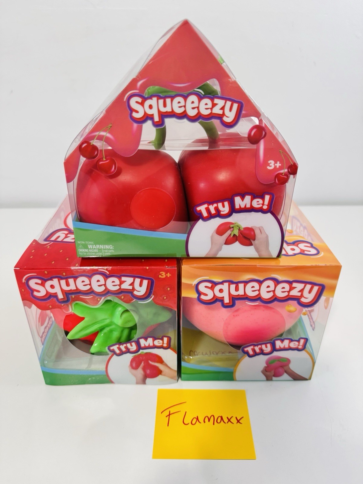 Sunny Days Squeezy Squishy Toys 3 Pack LOT Strawberry Peach Cherries Stress Toys