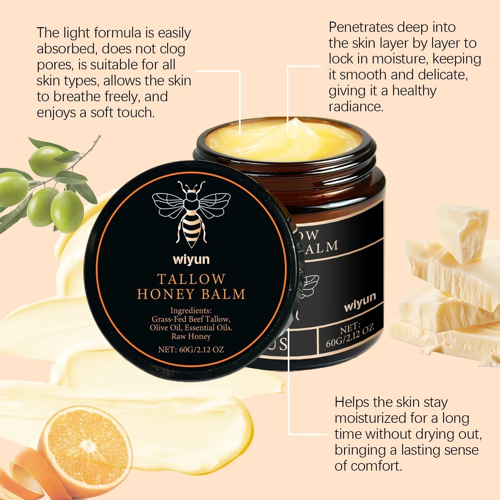 Organic Grass-Fed Beef Tallow Balm with Raw Honey – Unscented Skin Moisturizer