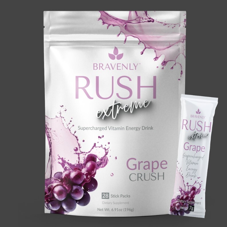 Bravenly RUSH Extreme, GRAPE CRUSH, Supercharged Vitamin Energy, 28 serving NEW