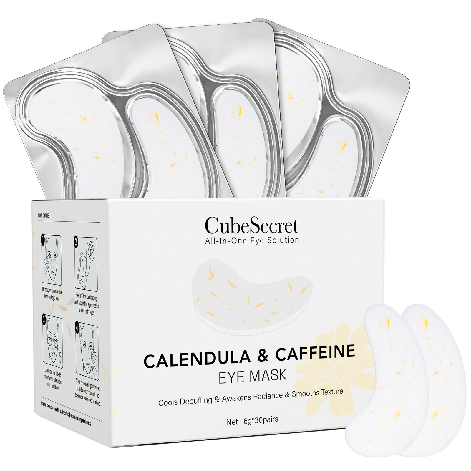 30 Pairs Calendula Caffeine Under Eye Patches Dark Circles Puffiness Mask