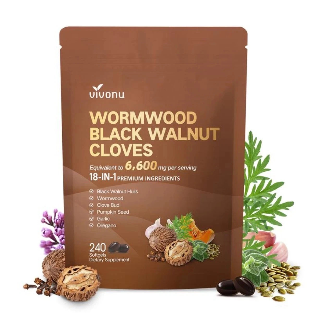 VIVONU Wormwood Black Walnut Cloves Capsules, Metabolism & Energy Support
