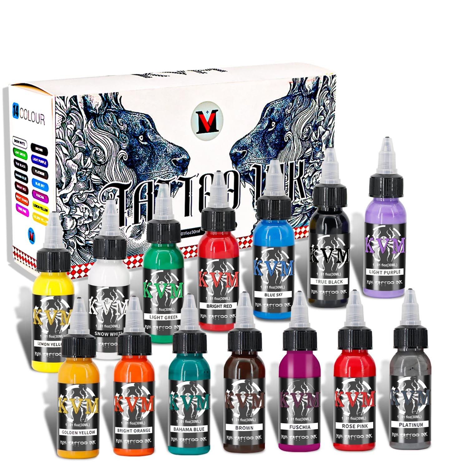 KVM Tattoo Ink Set 14 Pcs Colors 1oz (30ml) Supply 30 milliliters