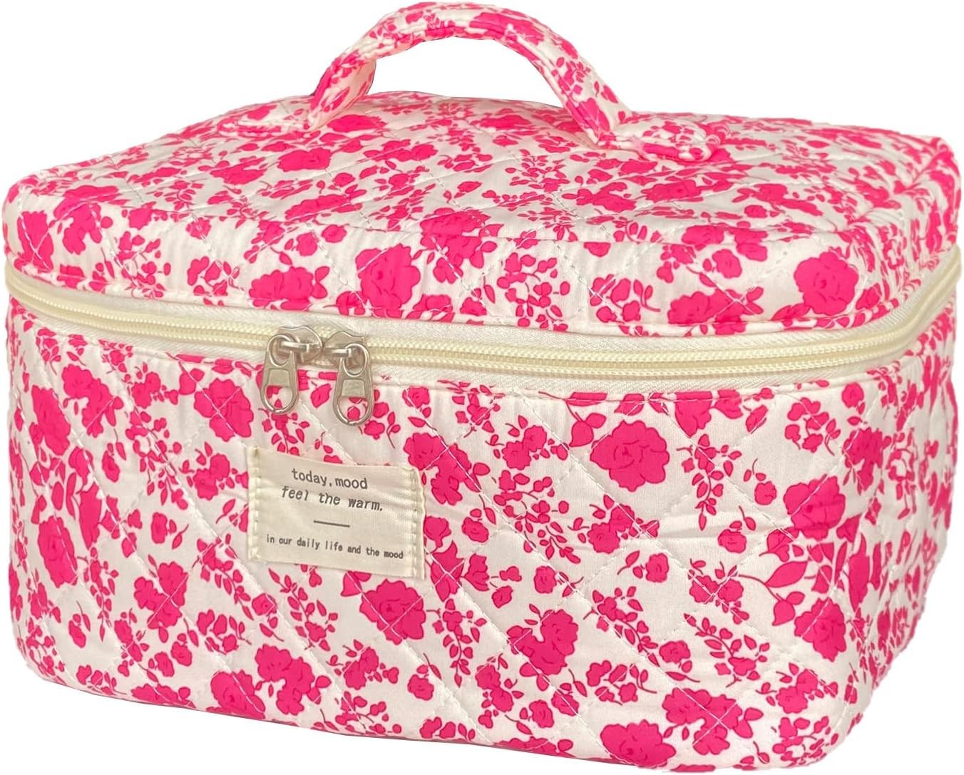 Large Quilted Floral Makeup Bag Rose Red Soft Cotton Cosmetic Travel Toiletry Ca