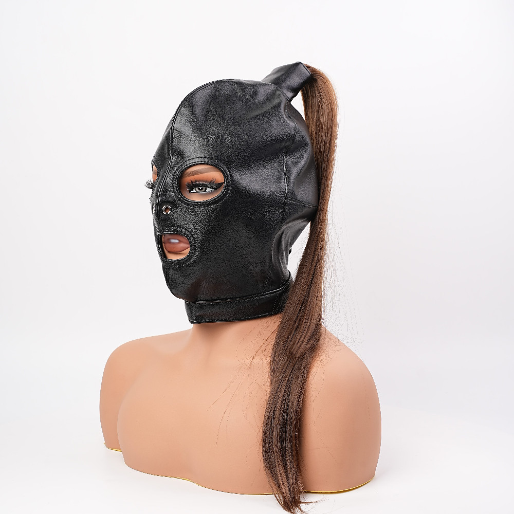 Adult Unisex PU Leather Gimp Head Harness Headgear Hood Party Mask Ponytail Wigs