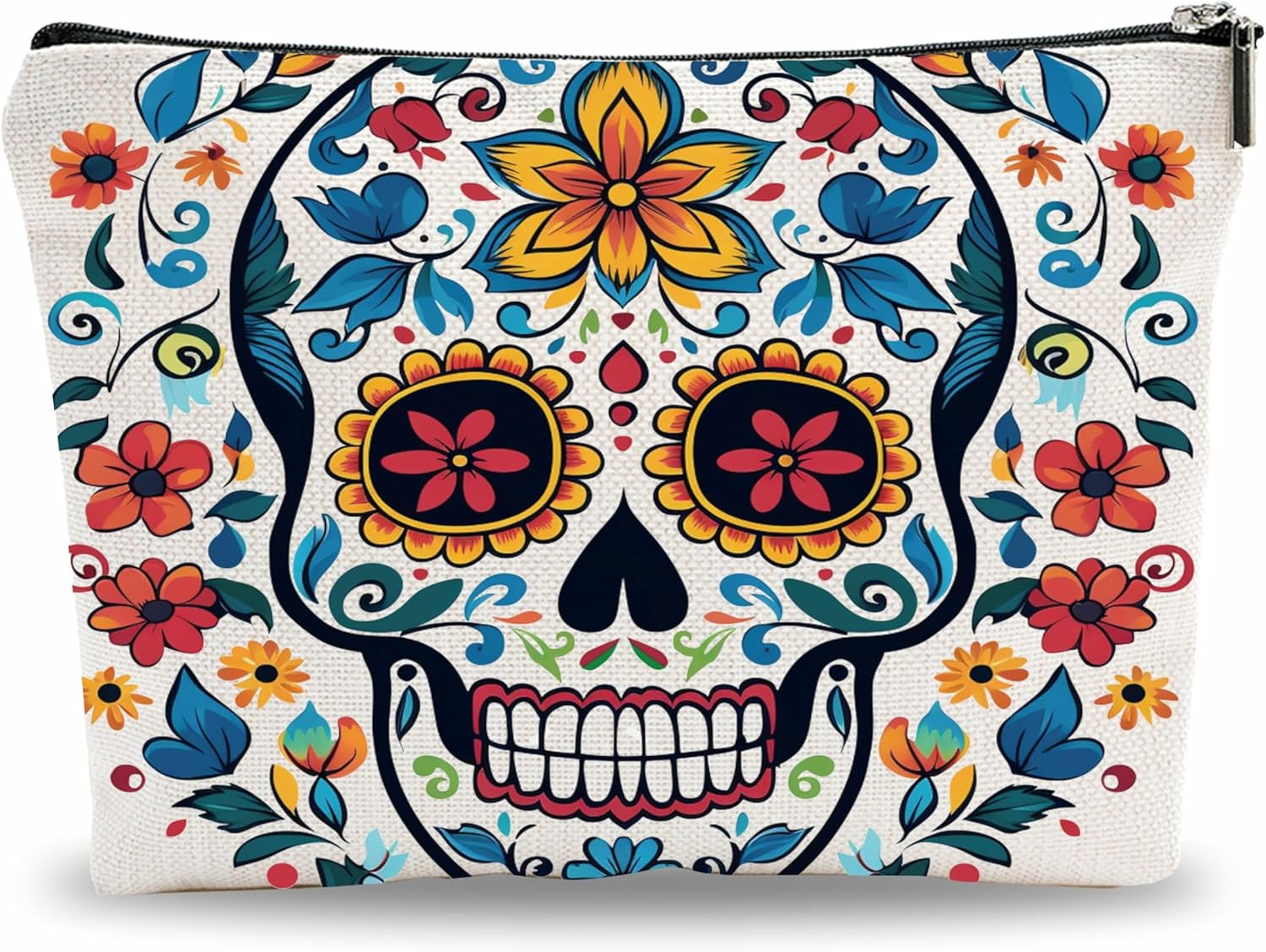Funny Makeup Bag for Women, Colorful Floral & Skull Theme Cosmetic Bag, Cool Bir