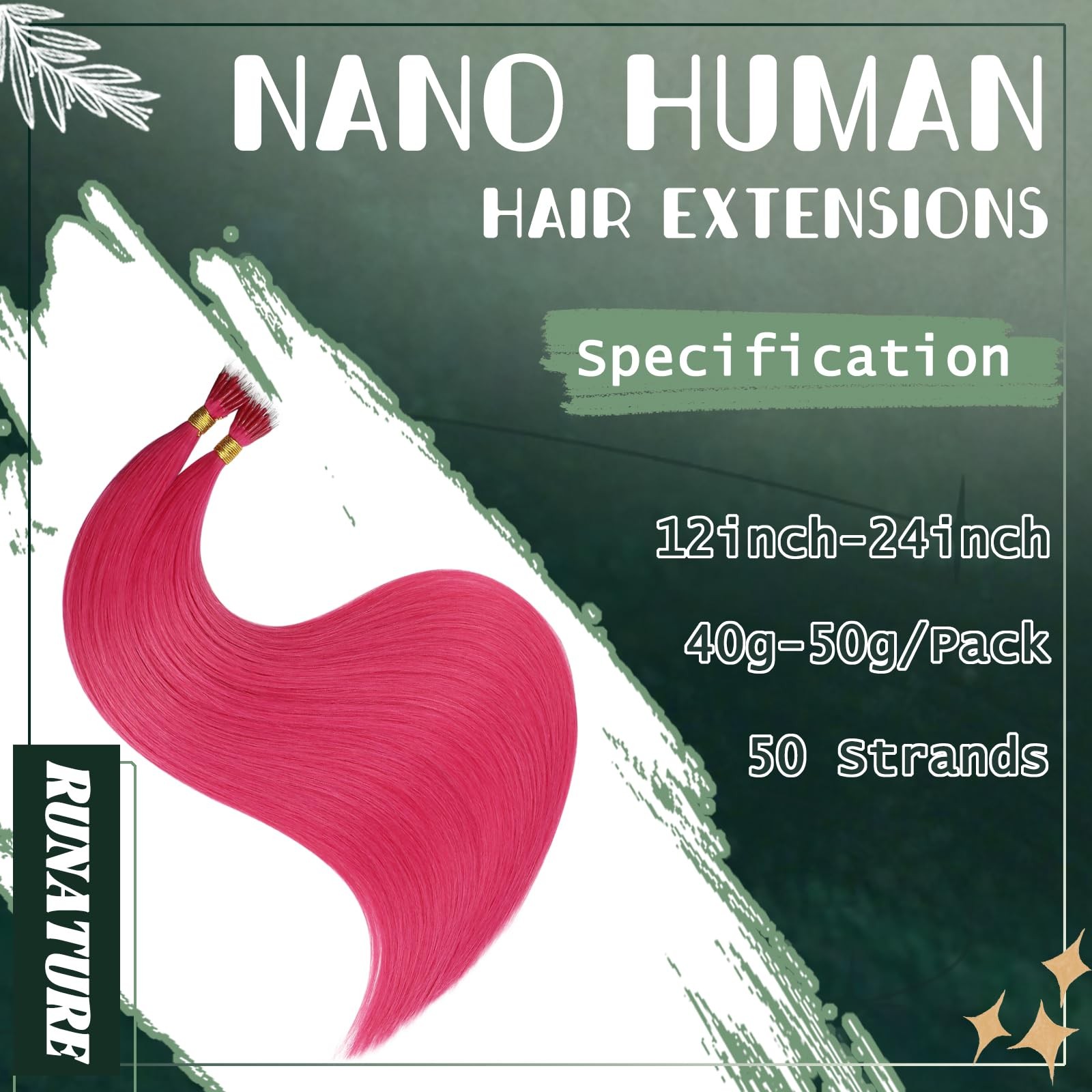 Runature Pink Nano Bead Hair Extensions Human Hair 20 Inch 50G 50S Invisible