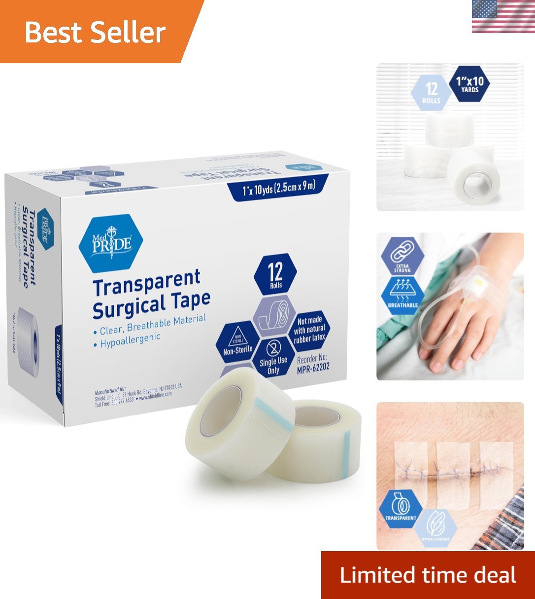12 Pack Hypoallergenic Adhesive Surgical Tape, 1″ X 10 Yds – Skin-Friendly