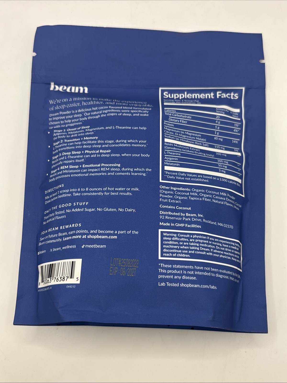 Beam Dream Sleep Powder, Supplement Chocolate Chip🍪 20 servings EXP 08/2027
