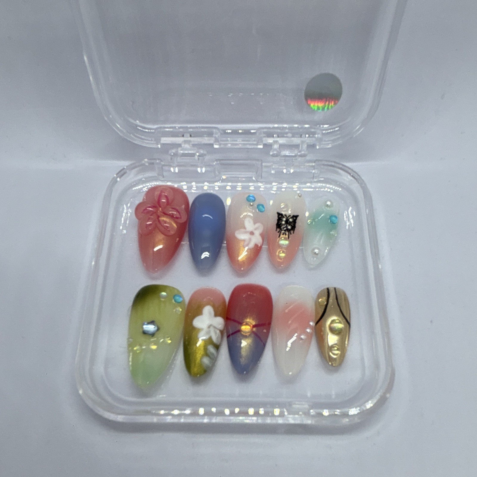 Press-On Nails Almond, Pre-Designed 3D Floral Flowers Multicolor, Size Large