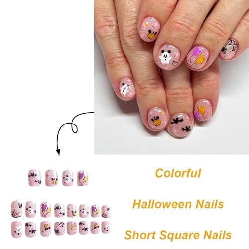 24 Pcs Halloween Press on Nails Short Square – Pink Fake Nails Design AV4